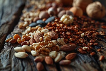 A variety of nuts and seeds on a wooden table. - obrazy, fototapety, plakaty