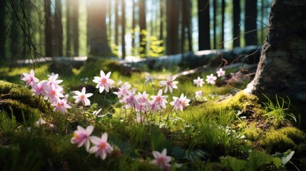 Spring forest, awakening of nature, first flowers