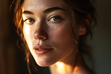 A beautiful woman with freckles and green eyes