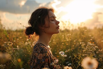A woman with flowers in her hair, looking up at the sunset