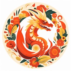 Fototapeta premium Illustration of Chinese dragon with floral bright patterns on a white background