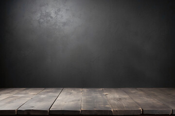 Empty dark wooden tabletop on old gray concrete plaster background