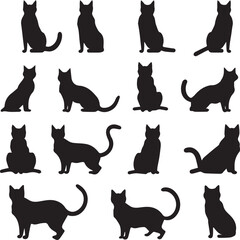 A Set of Cats different poses black silhouettes Isolated On White Background