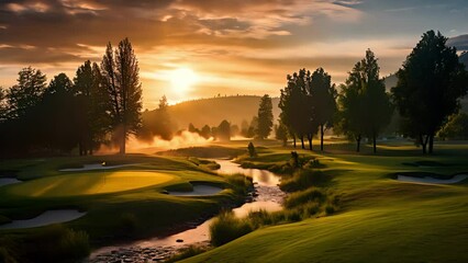 Golden Sunrise Over a Serene Golf Course with Mist Rising from the Fairway