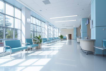 Empty modern hospital corridor, clinic hallway interior background, patients waiting for doctor visit. Luminous waiting room in medical office