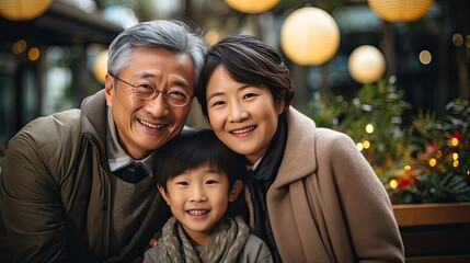 Inter-generational Bliss: Smiling Asian Grandparents and Grandson in the City Outdoors, captures the heartwarming moments of a happy Asian family, showcasing the deep bonds and joy.