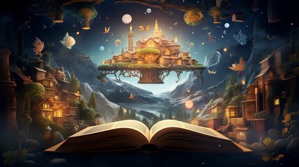 A whimsical scene featuring a book mockup surrounded by floating letters and symbols, conveying the magical and imaginative world of literature.