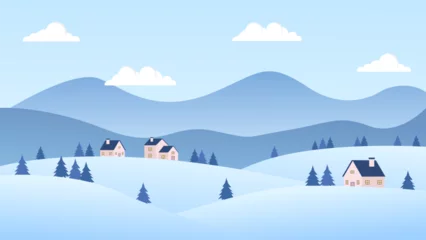 Fototapeten Simple winter landscape illustration, vector background with winter snow theme, flat design style vector illustration of snow hills, clouds and trees  © Ruwaifi
