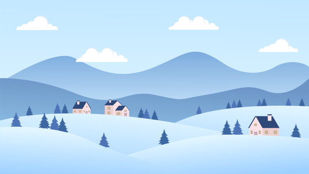 Simple winter landscape illustration, vector background with winter snow theme, flat design style vector illustration of snow hills, clouds and trees	