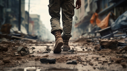 Soldier walking in destroyed city. Marine in the walks in the middle of a war. Selective focus at the leg and blurred background with copy space