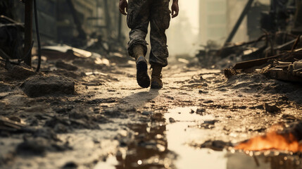 Soldier walking in destroyed city. Marine in the walks in the middle of a war. Selective focus at the leg and blurred background with copy space