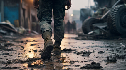 Soldier walking in destroyed city. Marine in the walks in the middle of a war. Selective focus at the leg and blurred background with copy space