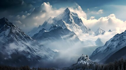 Majestic Mountain Peaks Shrouded in Mist and Illuminated by Sunlight