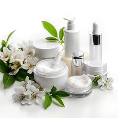 Obraz na płótnie Canvas Skincare Cosmetics Adorned with Green Leaves and Flowers on a White Background
