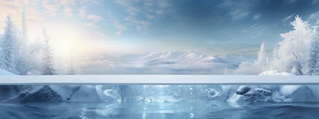 Ice background podium cold winter snow product platform floor frozen mountain iceberg. Podium glacier cool ice background stage landscape display icy stand 3d water nature pedestal arctic concept cave - obrazy, fototapety, plakaty