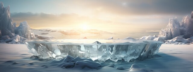 Ice background podium cold winter snow product platform floor frozen mountain iceberg. Podium glacier cool ice background stage landscape display icy stand 3d water nature pedestal arctic concept cave - Powered by Adobe