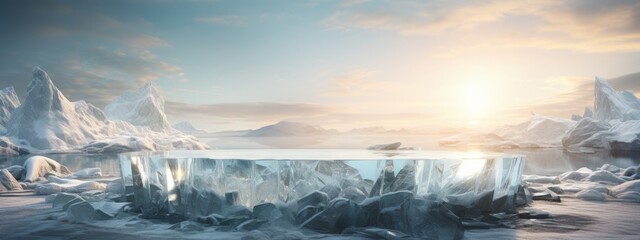 Ice background podium cold winter snow product platform floor frozen mountain iceberg. Podium glacier cool ice background stage landscape display icy stand 3d water nature pedestal arctic concept cave - Powered by Adobe