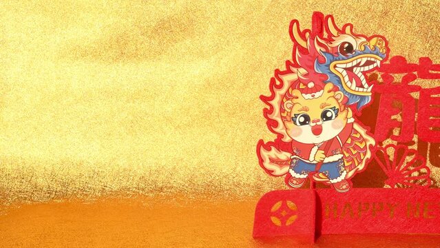 pan view Chinese New Year of Dragon mascot on gold English translation of the characters is lucky in the year of dragon and no logo no trademark