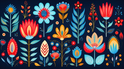 Traditional folk art flowers in a flat and modern style.