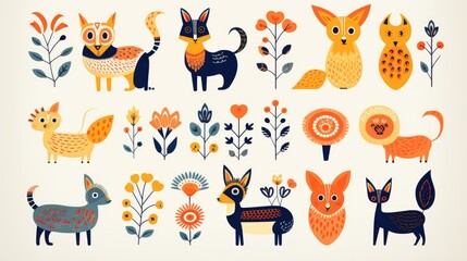 Traditional folk art animals in a flat and modern style.
