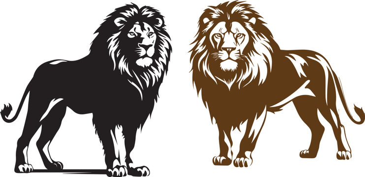 Set of lions black silhouette on white background 