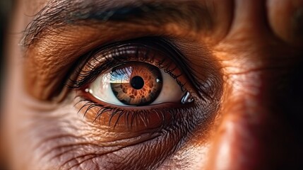 Close-up photo of an elder African American woman's eye. Health care and healthy vision concept.