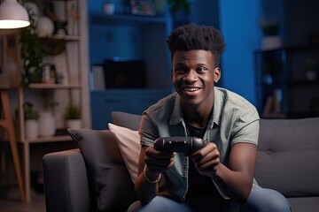 Naklejka premium african american gamer winner playing online videogame winning space shoother competition using gaming controller black young man enjoying spending free time home virtual game tv