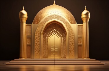 3D rendering of a golden mosque on a dark background with copy space
