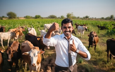 young agronomist showing thumps up at agriculture field - obrazy, fototapety, plakaty