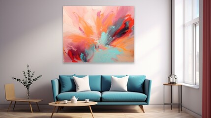 An abstract expressionist painting adorning a 3D wall mockup.