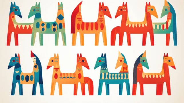 Playful Dala horses arranged in a repetitive and flat style.

