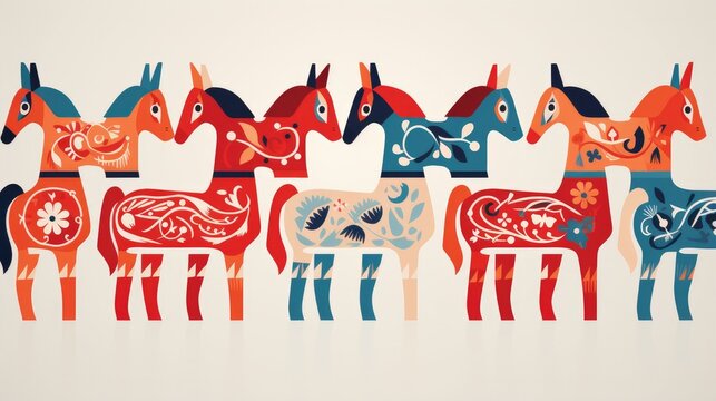 Playful Dala horses arranged in a repetitive and flat style.