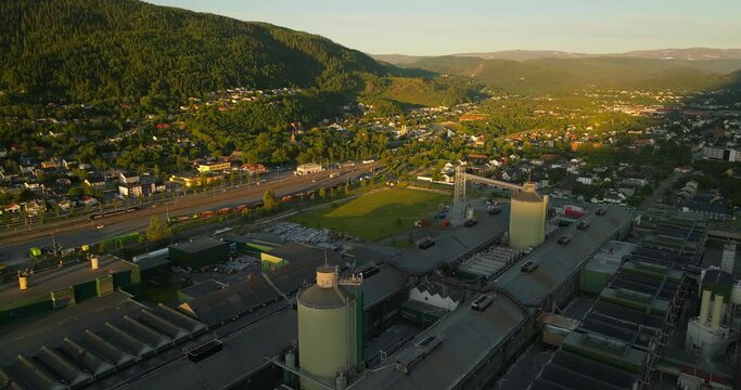 Helgeland industrial park in Mosjoen, Norway. Aerial view. Production, manufacture.