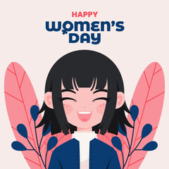Happy Women's Day greeting card with vector character of a woman with short hair for social media posts, printed gifts