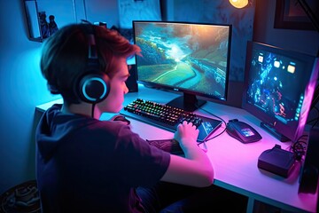 young caucasian gamer boy playing room gamer blue pink leds lights video game controller