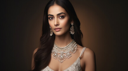 Beautiful indian woman wearing traditional gold jewelery