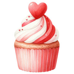 Cupcake decorated with red and white cream and heart shaped marzipan for Valentine's Day