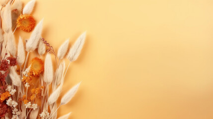 Fototapeta premium A warm-toned bouquet of dried flowers and fluffy pampas grass on a sunny yellow background with space for text.