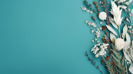 Elegant white and dried flowers artistically arranged on a vibrant teal background with ample copy space. - obrazy, fototapety, plakaty