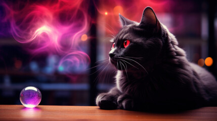 A mysterious black cat with glowing red eyes sits beside a magical purple orb against a mystical backdrop.