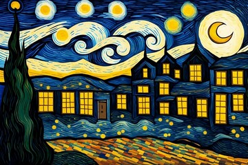 an image that combines the content of a cityscape with the artistic style of Van Gogh's "Starry Night