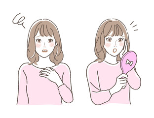 Illustration of a Woman with Dark Circles - Set of Worrying in Front of a Mirror.