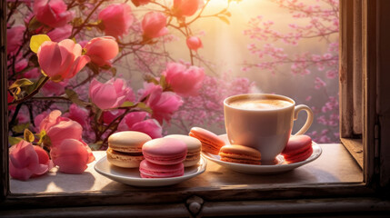 Fototapeta na wymiar A romantic setting with a steaming coffee cup and delicate macarons on a windowsill, framed by blooming pink flowers.