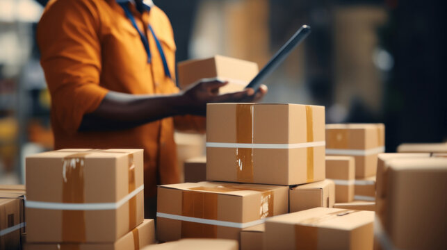 A warehouse worker attentively uses a tablet to manage inventory, surrounded by stacks of parcels ready for dispatch.