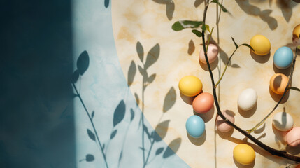 An array of colorful Easter eggs scattered among fresh white blossoms on a bright and airy surface, symbolizing spring's joy.