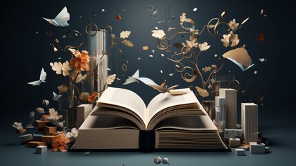 An artistic composition featuring a floating book mockup surrounded by abstract elements, evoking a...