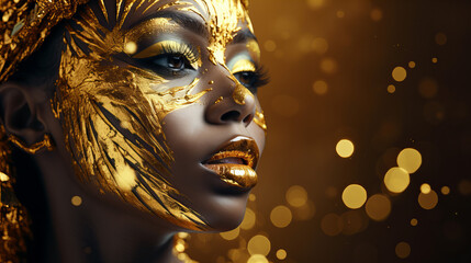 Beautiful african american girl with gold glitter on her face, disco party Christmas Xmas celebration concept, copy space