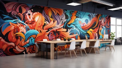 An artistic co-working space with a 3D wall mockup featuring collaborative mural designs. - obrazy, fototapety, plakaty