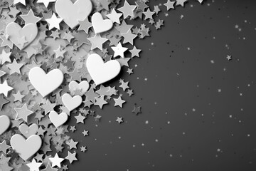 "Monochromatic Love Symphony: Website Background and Valentine's Day Postcard Designed for Women, Featuring a Dark Canvas Embellished with Stars and Hearts - A Timeless Expression of Romantic Elegance