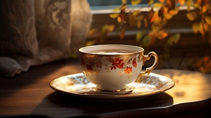 An elegant porcelain cup filled with a rich, aromatic beverage, captured in a serene, tranquil setting.